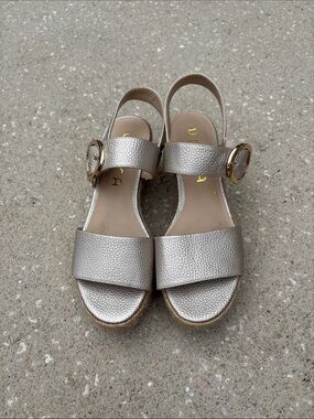Unisa Metallic Champagne Wedge Slingback Sandals with Gold Buckle